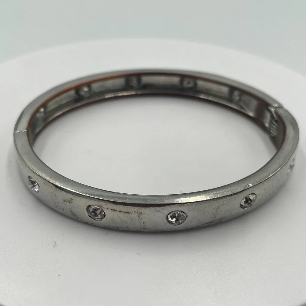 Vintage Y2K Silver Tone Rhinestone Inset Hinge Bangle Minimalist Bracelet
